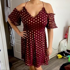 Cocktail dress, red w gold polka dots (Topshop)
